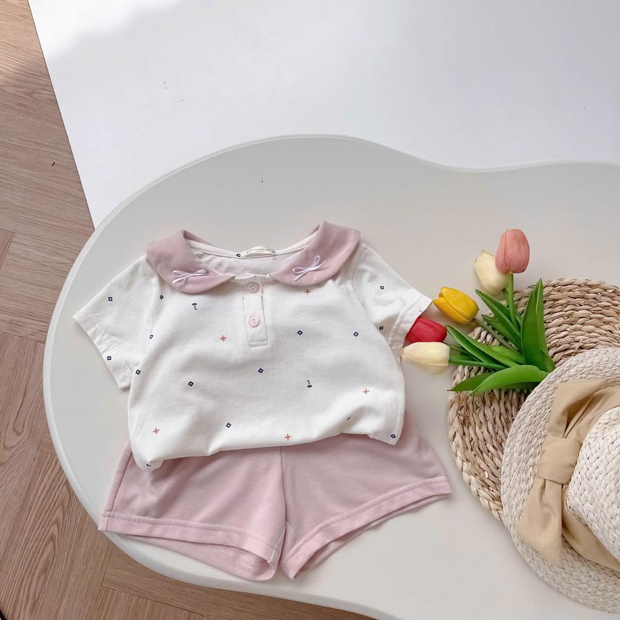 SB2441-bộ cổ sen phối cổ đính nơ cổ, quần trơn