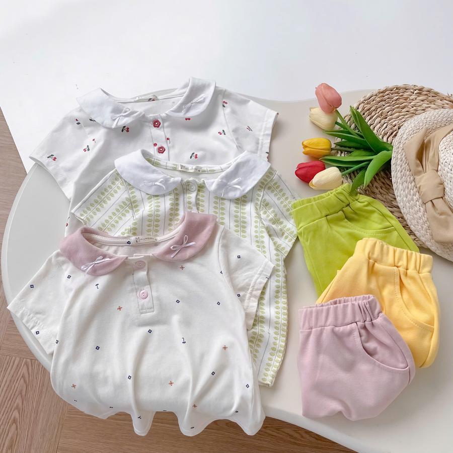 SB2441-bộ cổ sen phối cổ đính nơ cổ, quần trơn