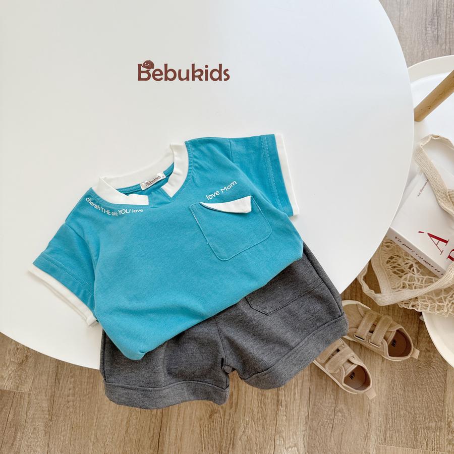 SB2166- bộ cộc tay in chữ cổ, túi ngực gập mép in love mom