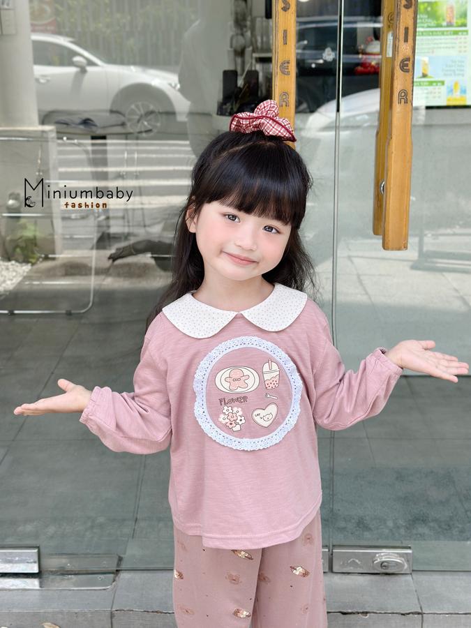 SB2412- bộ cổ sen dài tay bé gái bo tay, ren tròn quanh hình in gấu, hoa, tim, trà sữa