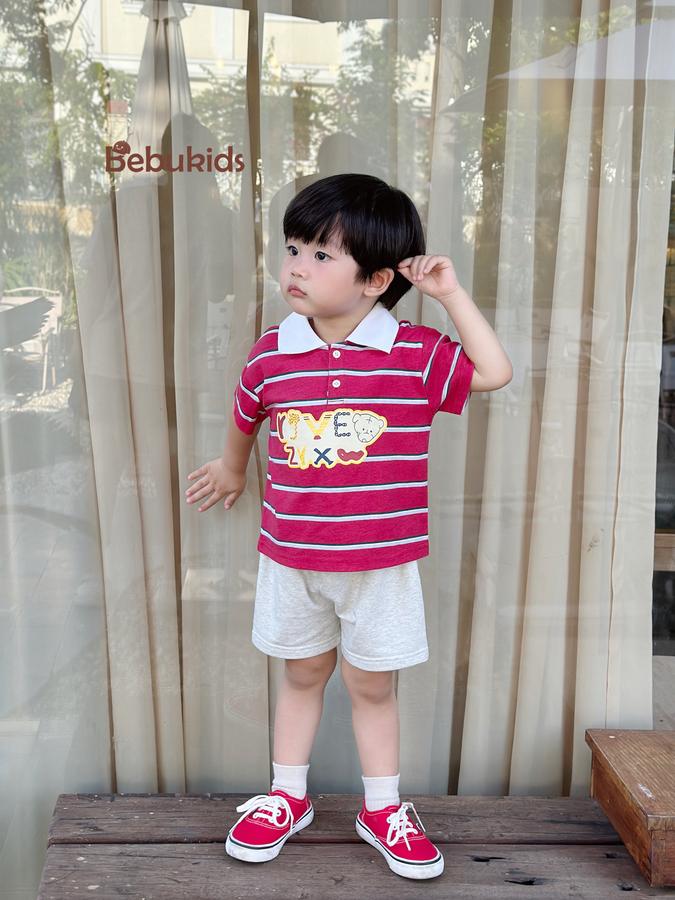 SB2351- bộ polo kẻ ngang  phối cổ in chữ,gấu