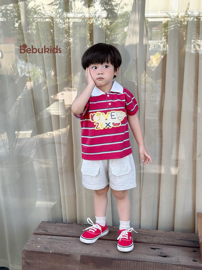 SB2351- bộ polo kẻ ngang  phối cổ in chữ,gấu