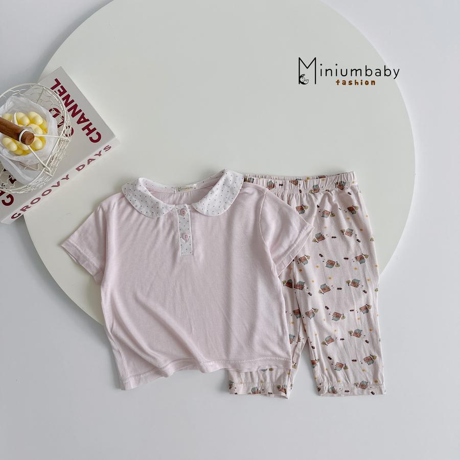 SB2392- bộ cổ sen quần dài in ngôi nhà. cổ bi áo hồng