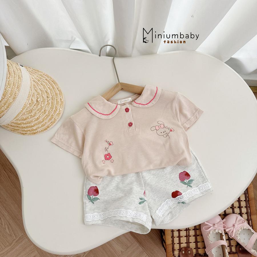 SB2444- bộ cổ sen phối ren in thỏ, hoa quần đùi áo hồng q táo