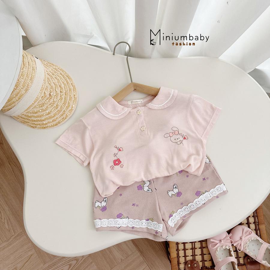 SB2444- bộ cổ sen phối ren in thỏ, hoa quần đùi áo hồng q thỏ