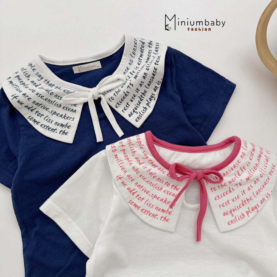 SB2447-bộ cộc cổ in chữ thắt nơ cổ, quần kẻ phối bèo