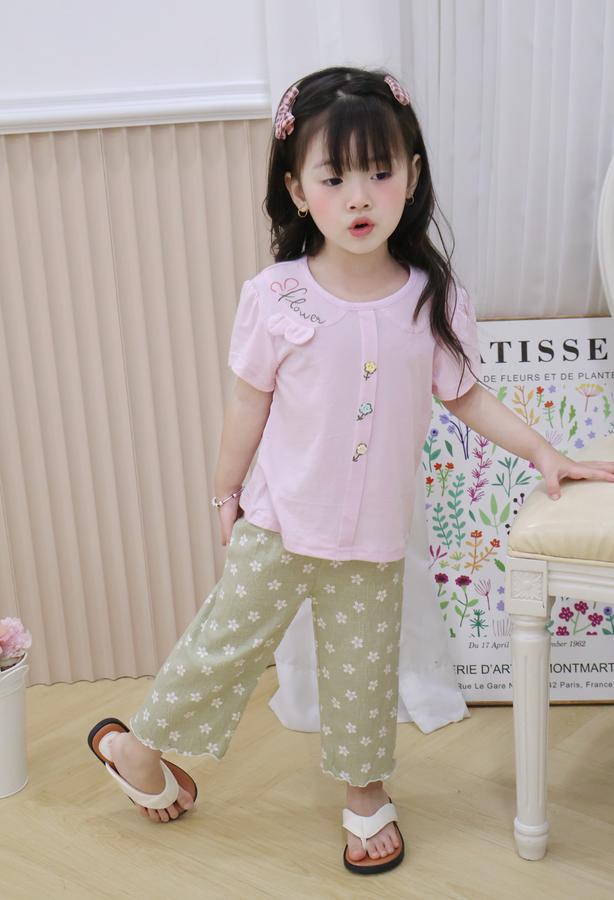 SB2451- bộ cộc tay cổ sen bé gái in chữ flower đính tai thỏ