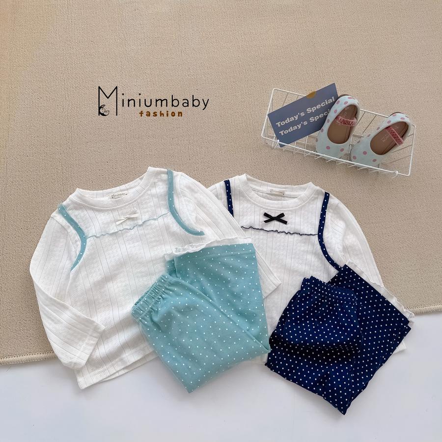 SB2415- bộ dài tay bé gái diễu nách đính nơ phối quần bi