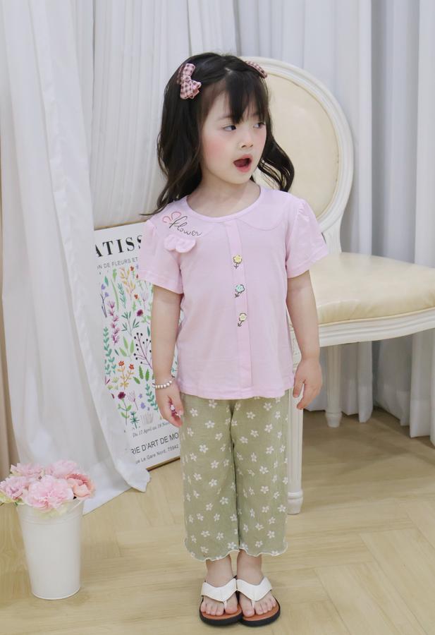 SB2451- bộ cộc tay cổ sen bé gái in chữ flower đính tai thỏ