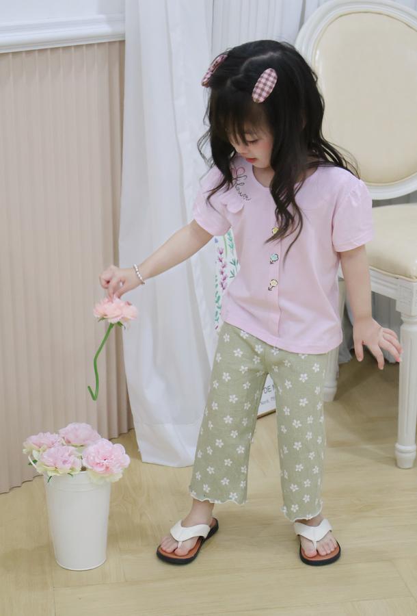 SB2451- bộ cộc tay cổ sen bé gái in chữ flower đính tai thỏ