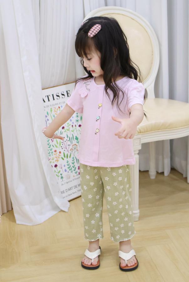 SB2451- bộ cộc tay cổ sen bé gái in chữ flower đính tai thỏ