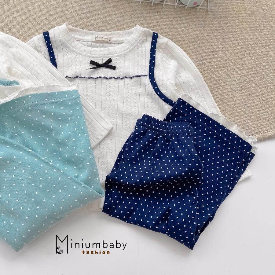 SB2415- bộ dài tay bé gái diễu nách đính nơ phối quần bi