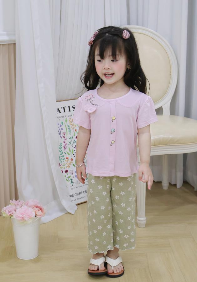 SB2451- bộ cộc tay cổ sen bé gái in chữ flower đính tai thỏ