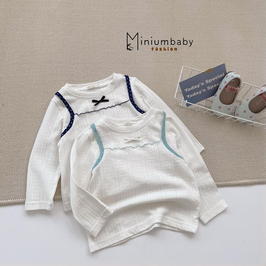 SB2415- bộ dài tay bé gái diễu nách đính nơ phối quần bi