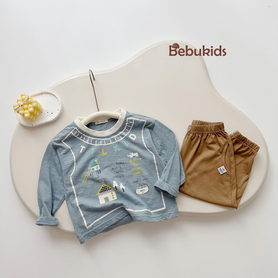 SB2448- bộ dài tay bé trai in chữ TTLKID, ngôi nhà áo xanh