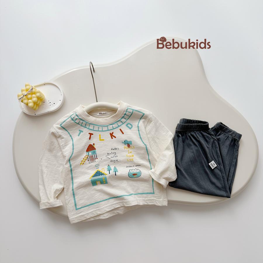 SB2448- bộ dài tay bé trai in chữ TTLKID, ngôi nhà