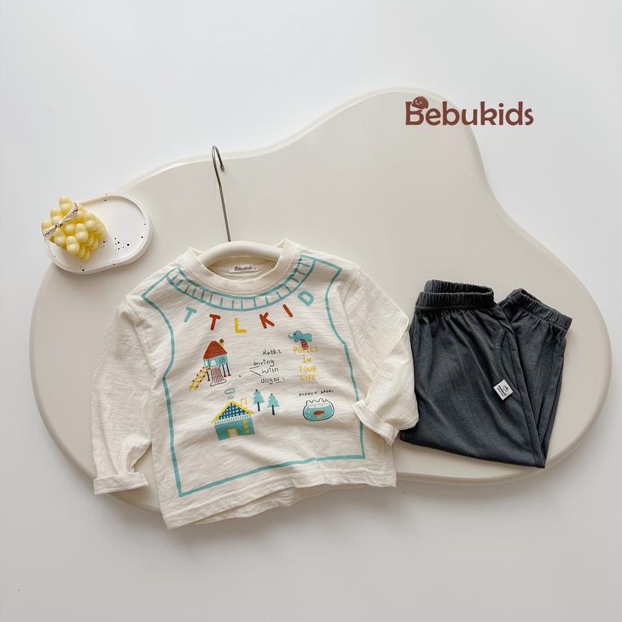 SB2448- bộ dài tay bé trai in chữ TTLKID, ngôi nhà