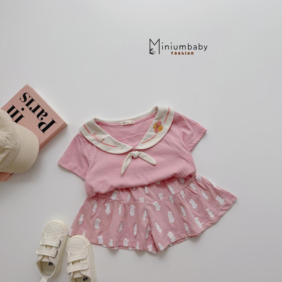 SB2442- bộ cổ sen thắt nơ in chữ hello, thỏ áo hồng