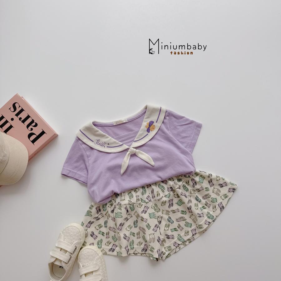 SB2442- bộ cổ sen thắt nơ in chữ hello, thỏ áo tím