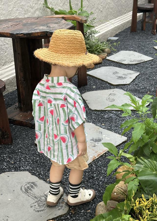 SB2326- bộ sơ mi bé trai in dừa, dưa hấu