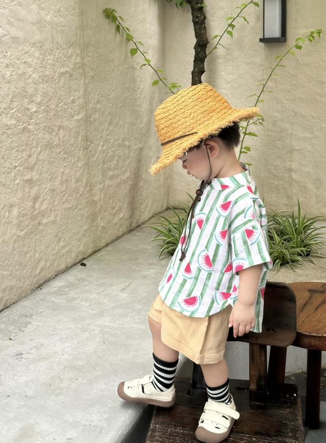 SB2326- bộ sơ mi bé trai in dừa, dưa hấu