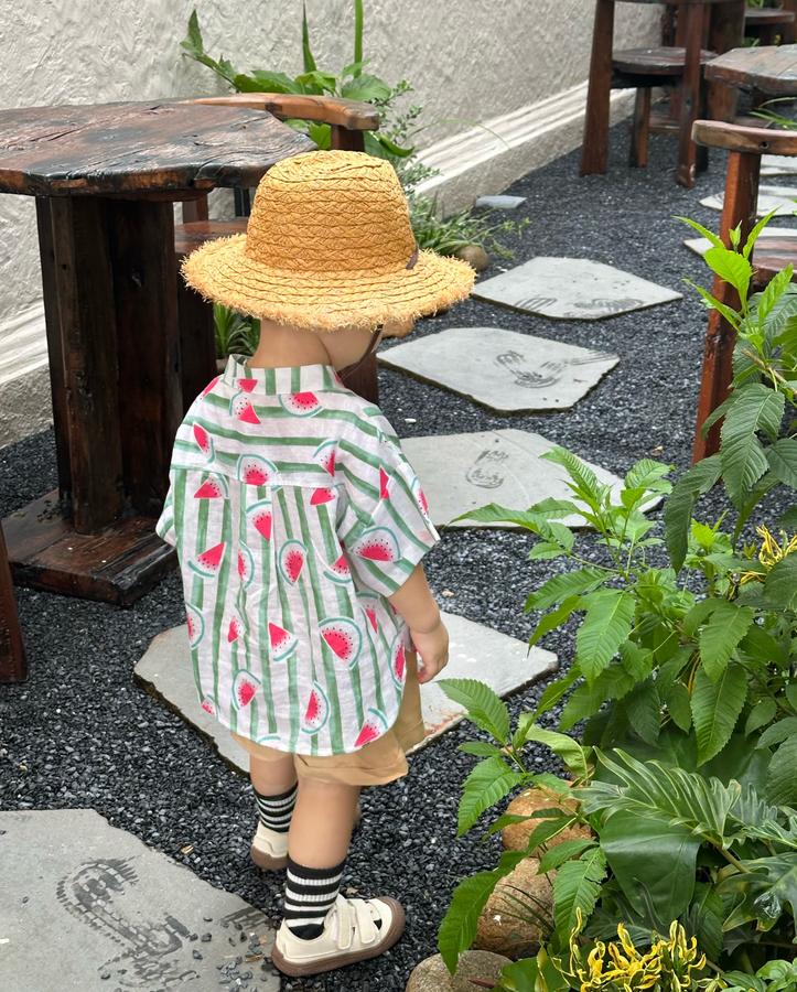 SB2326- bộ sơ mi bé trai in dừa, dưa hấu