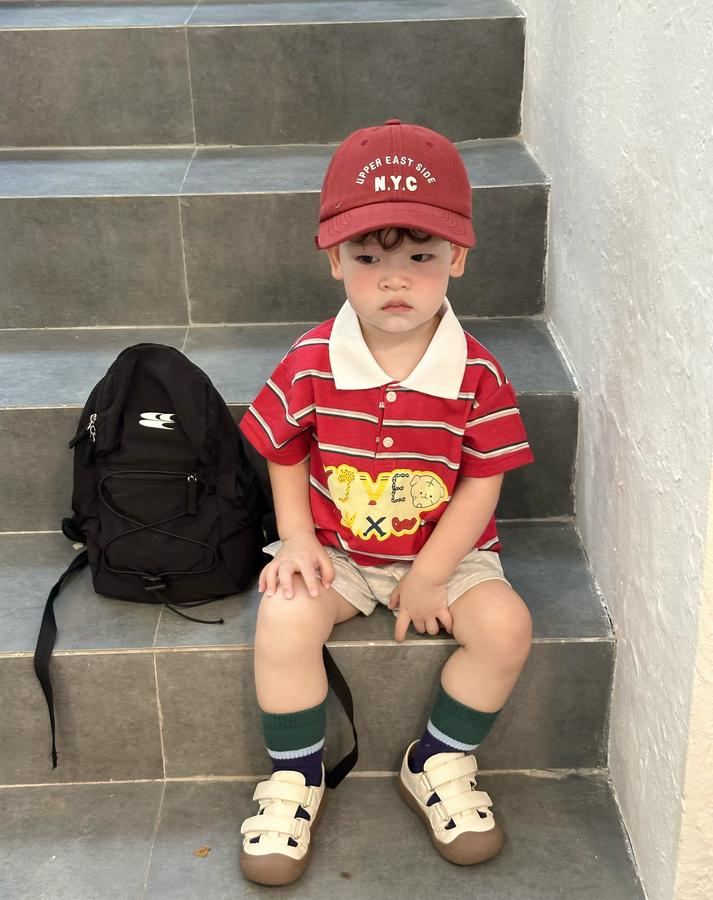 SB2351- bộ polo kẻ ngang  phối cổ in chữ,gấu