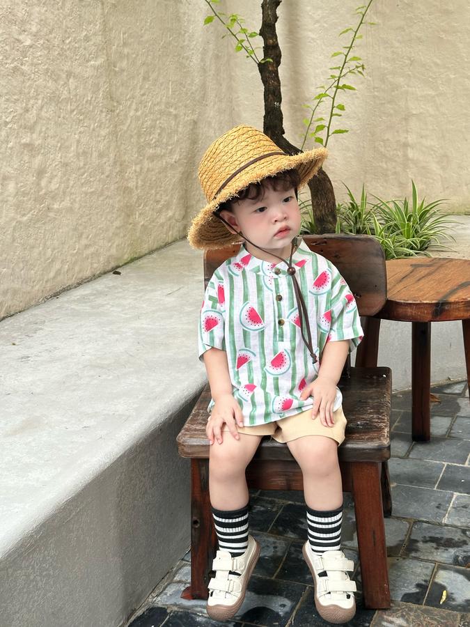 SB2326- bộ sơ mi bé trai in dừa, dưa hấu