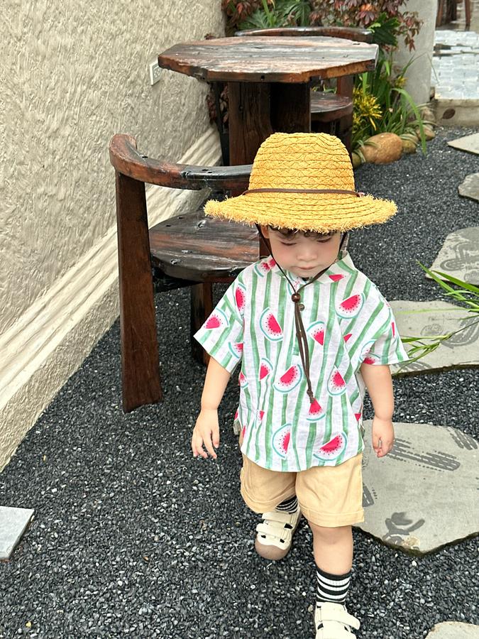 SB2326- bộ sơ mi bé trai in dừa, dưa hấu