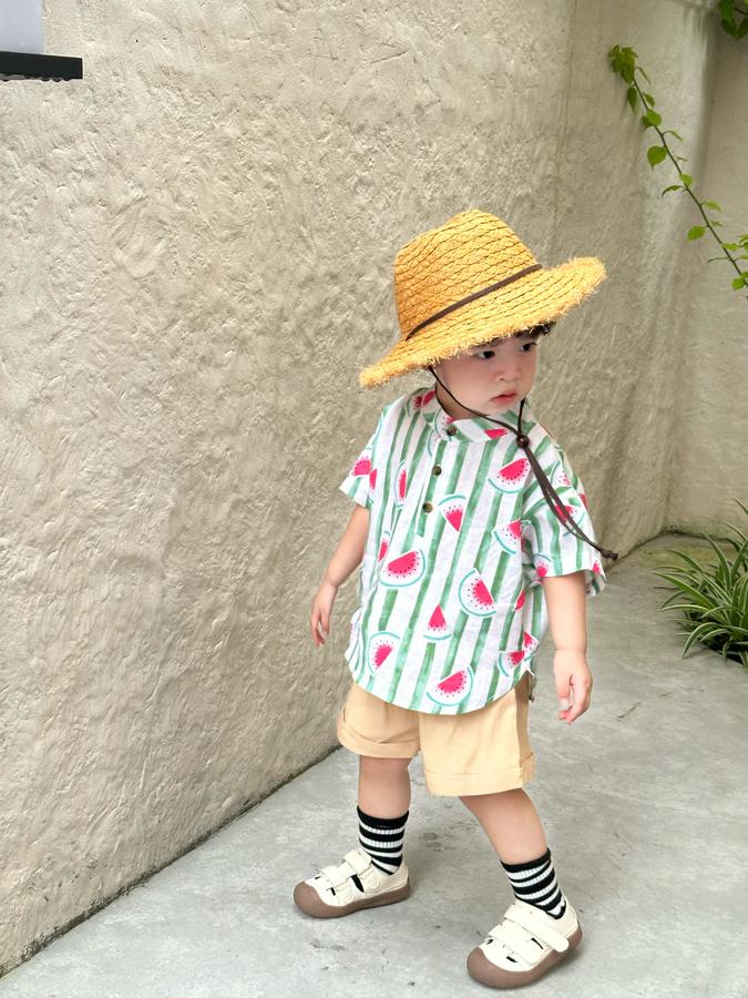 SB2326- bộ sơ mi bé trai in dừa, dưa hấu