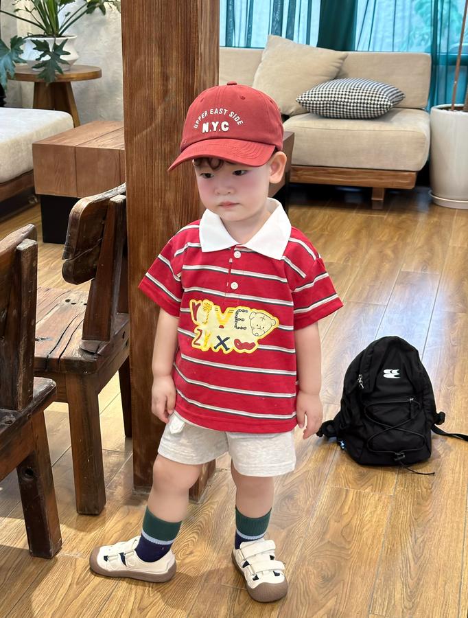 SB2351- bộ polo kẻ ngang  phối cổ in chữ,gấu