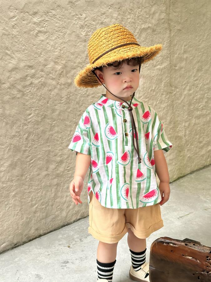 SB2326- bộ sơ mi bé trai in dừa, dưa hấu