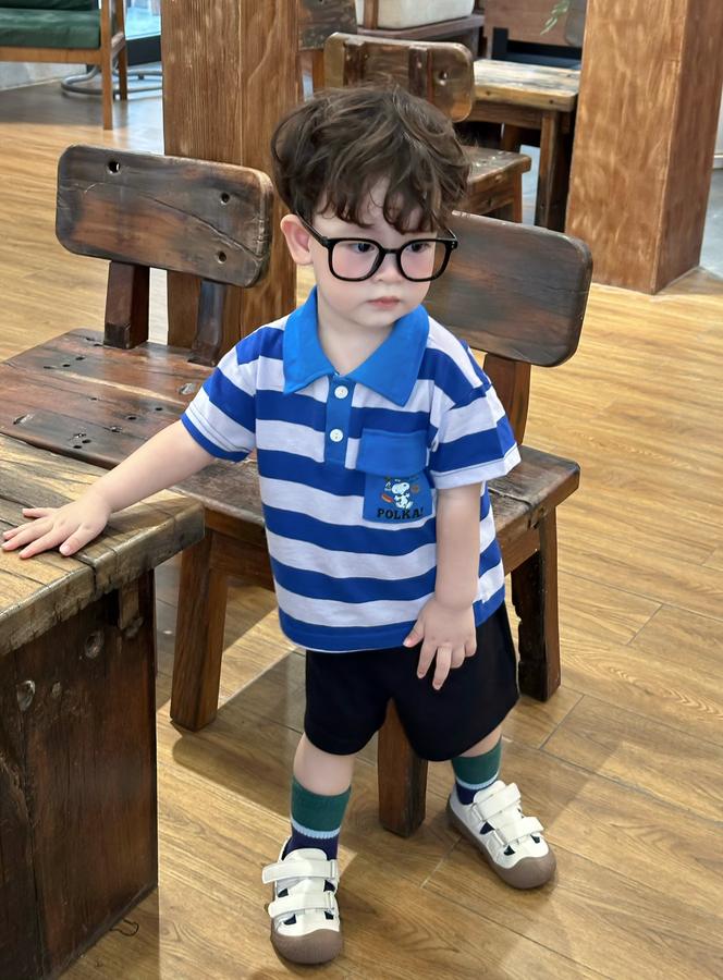 SB2228- bộ polo sọc ngang túi ngực in chó polka