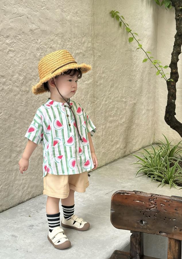 SB2326- bộ sơ mi bé trai in dừa, dưa hấu