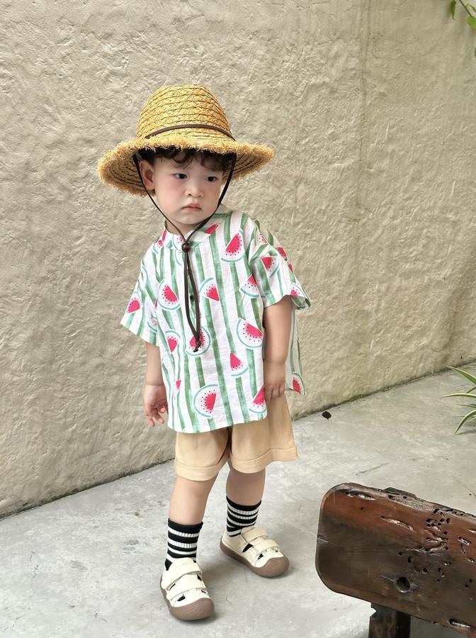 SB2326- bộ sơ mi bé trai in dừa, dưa hấu