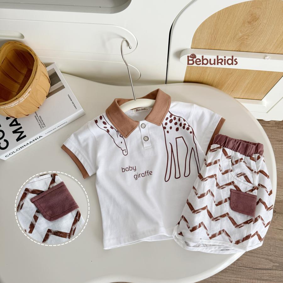 SB2130- bộ  hươu cao cổ, cá sấu phối quần sóng cổ nâu