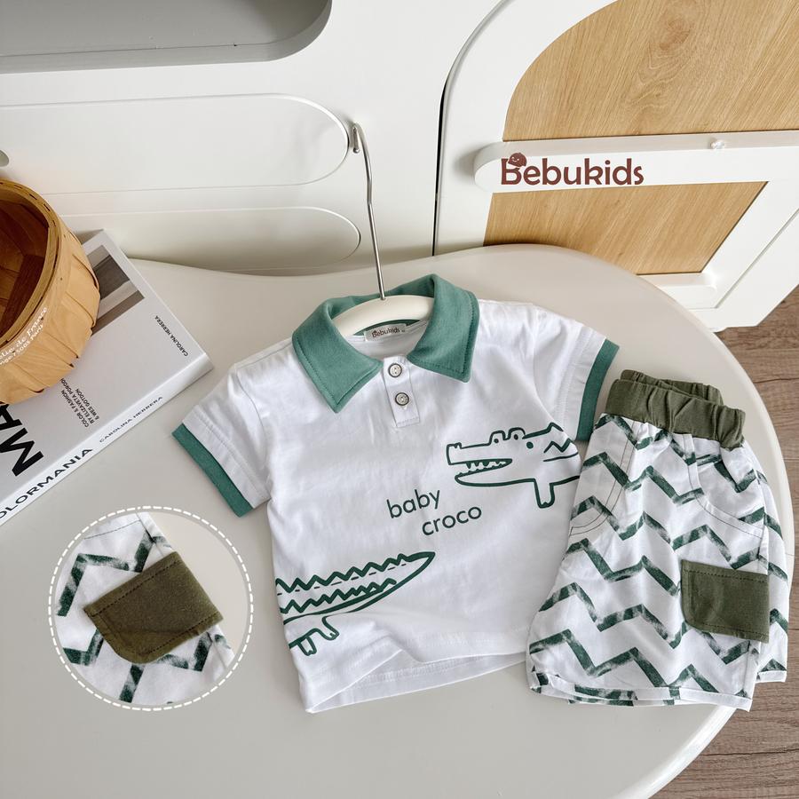 SB2130- bộ  hươu cao cổ, cá sấu phối quần sóng cổ xanh