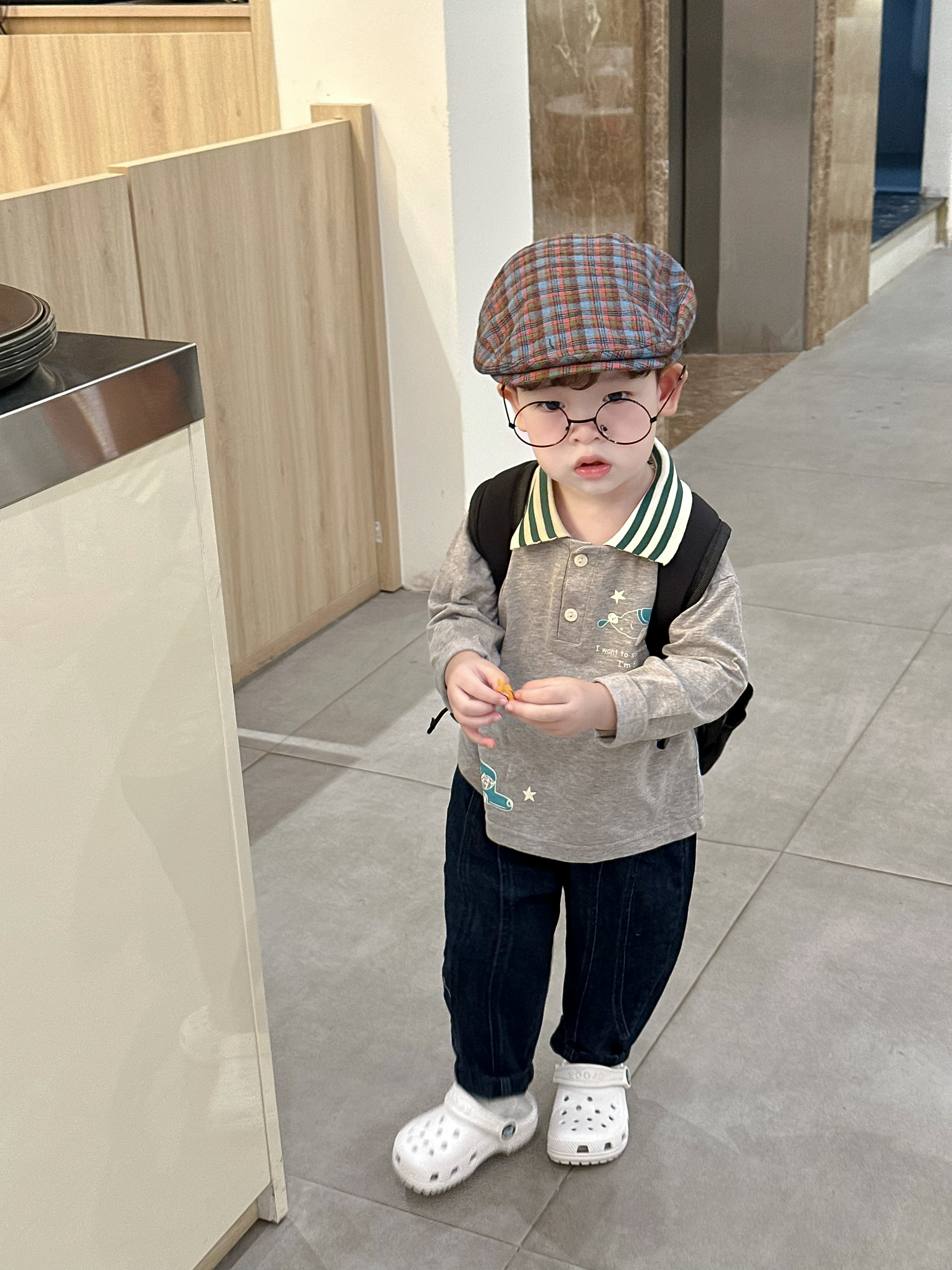 Bộ dài tay bé trai phối cổ kẻ in cún, ôto xanh, quần bò