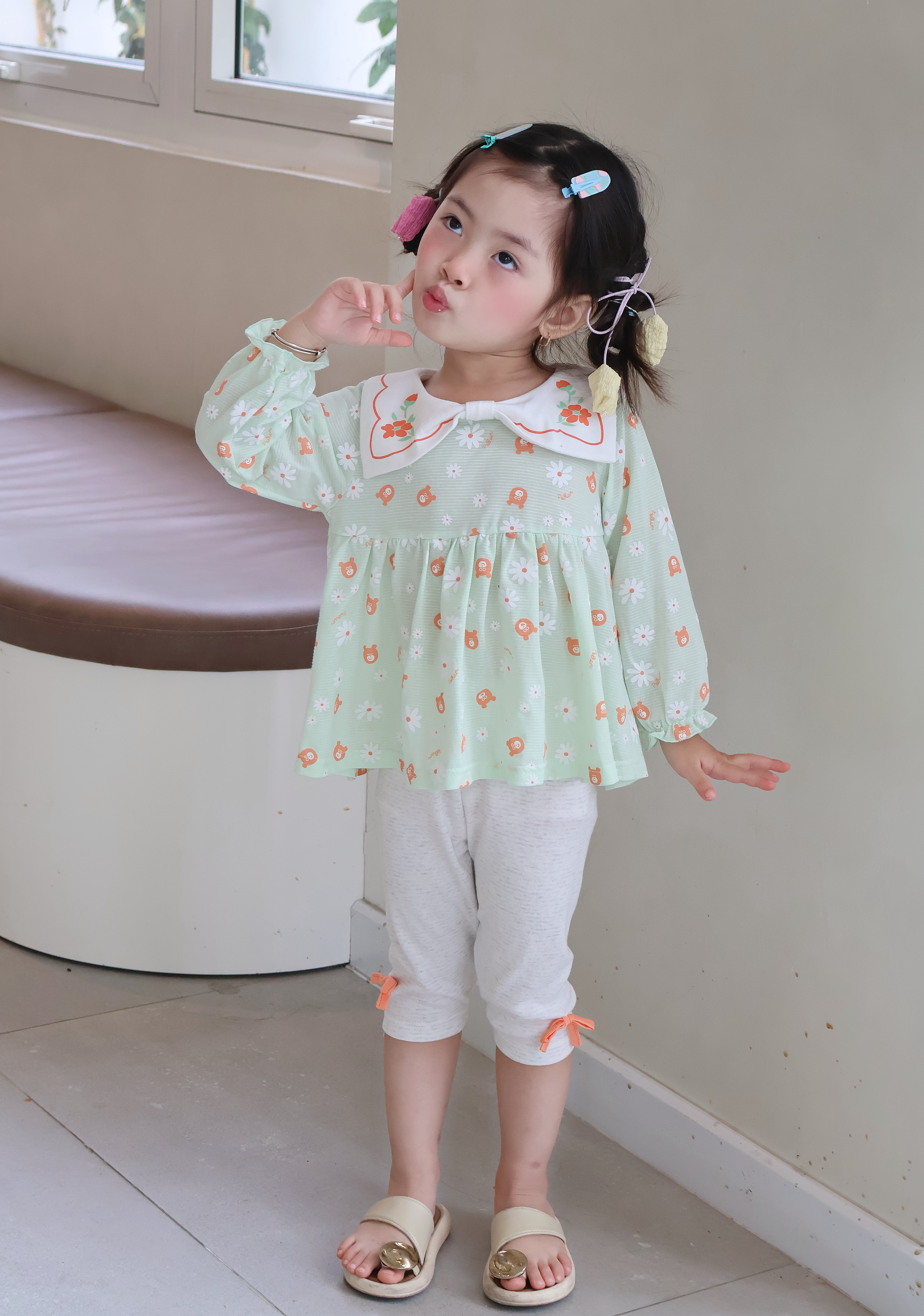 SB2461 -bộ babydoll hoa cổ trắng nơ in hoa,quần trơn đính nơ