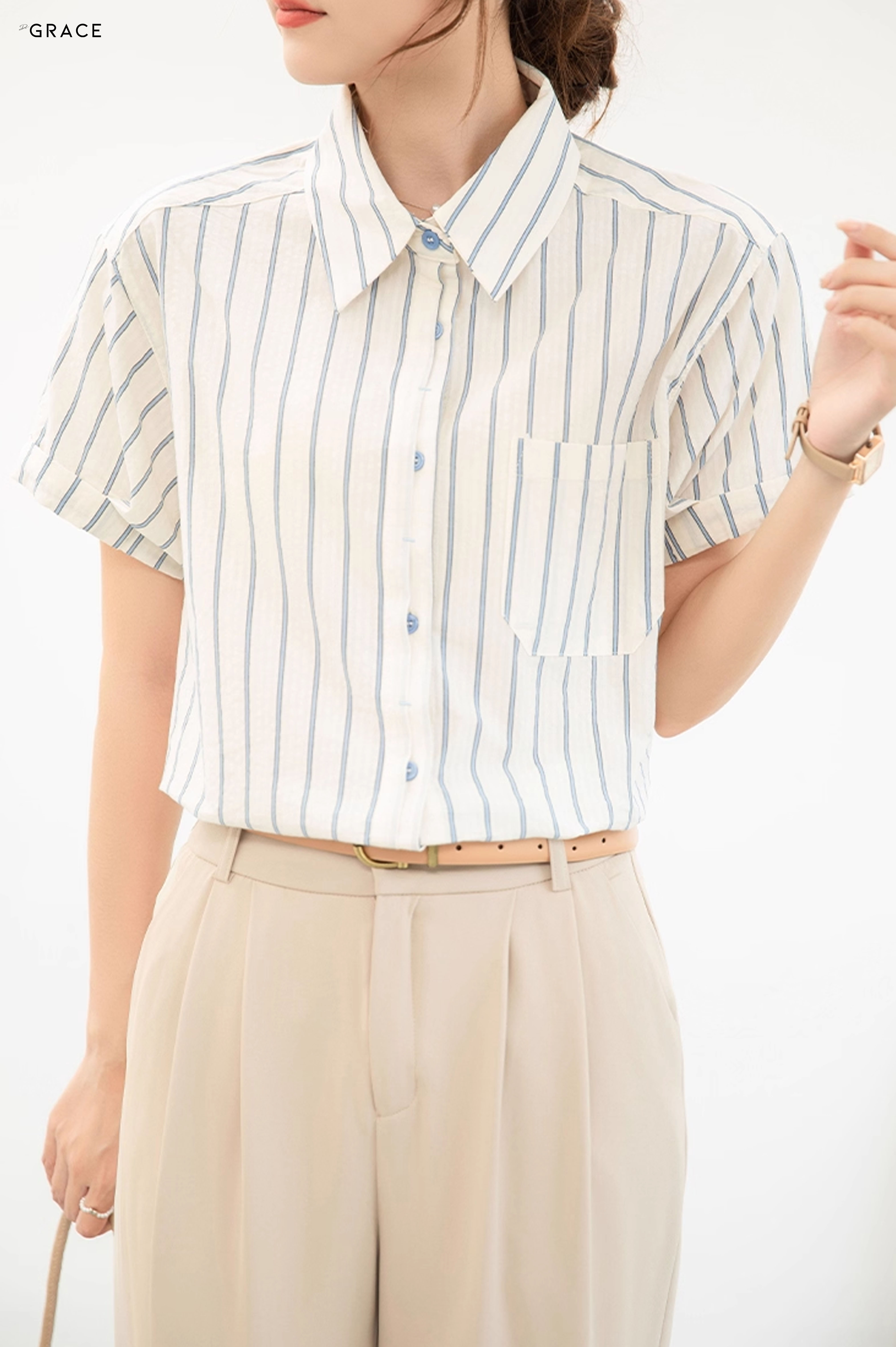 Product image - Sơ mi cộc tay hoạ tiết sọc chất cotton Hàn - SM068