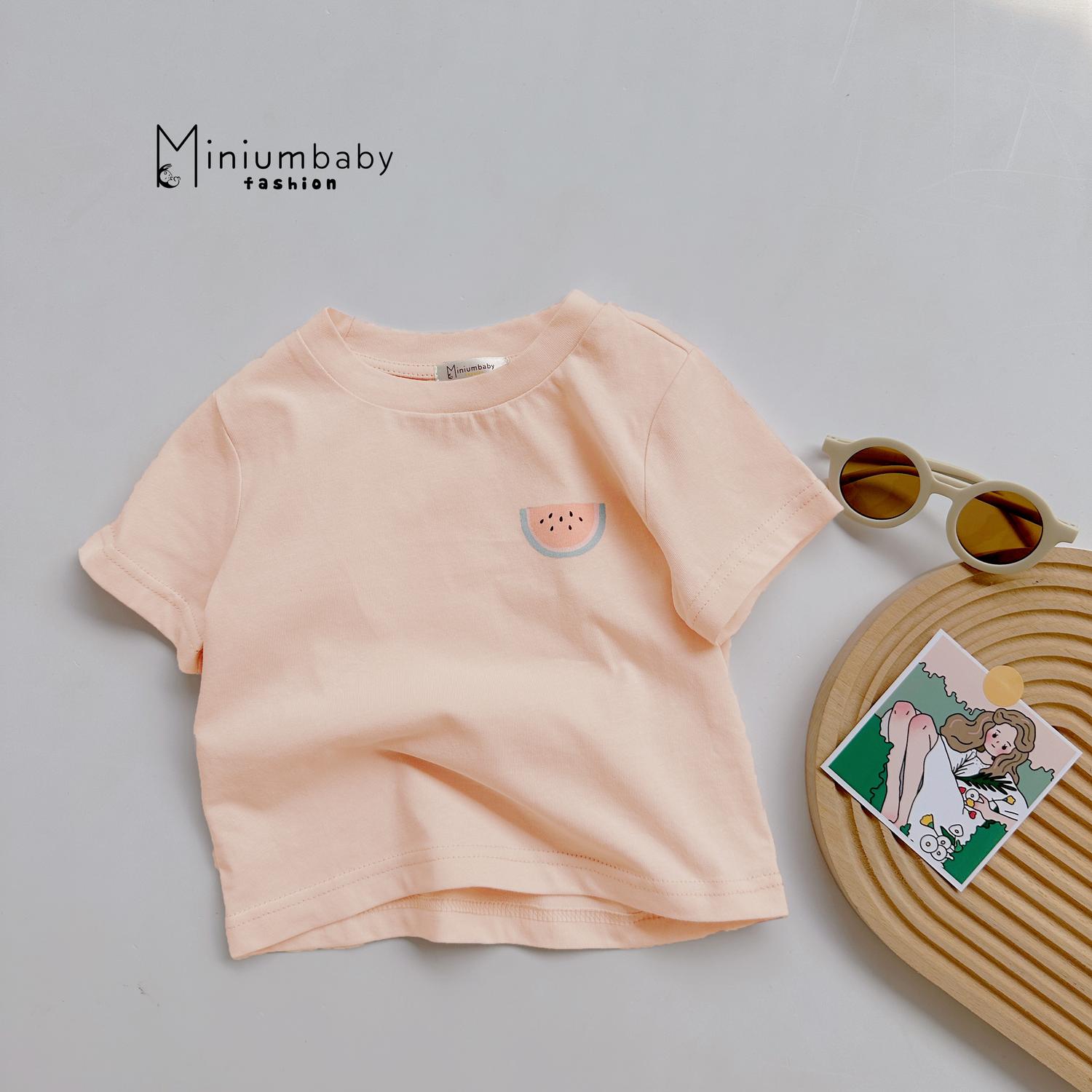 A1502- áo  cộc tay in logo hoa quả ngực hồng cam