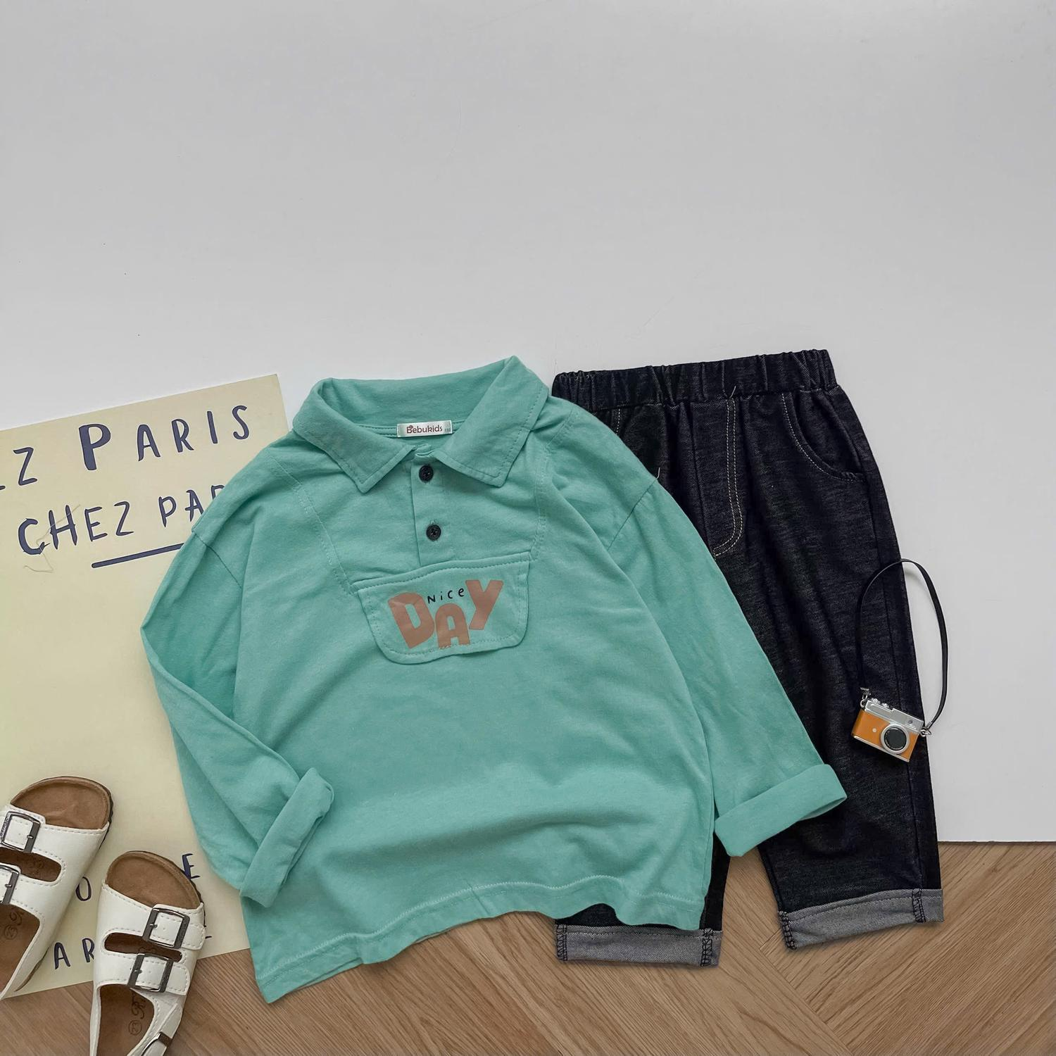 SB2385- bộ cộc có cổ dài tay in niceday dưới nẹp xanh ghi