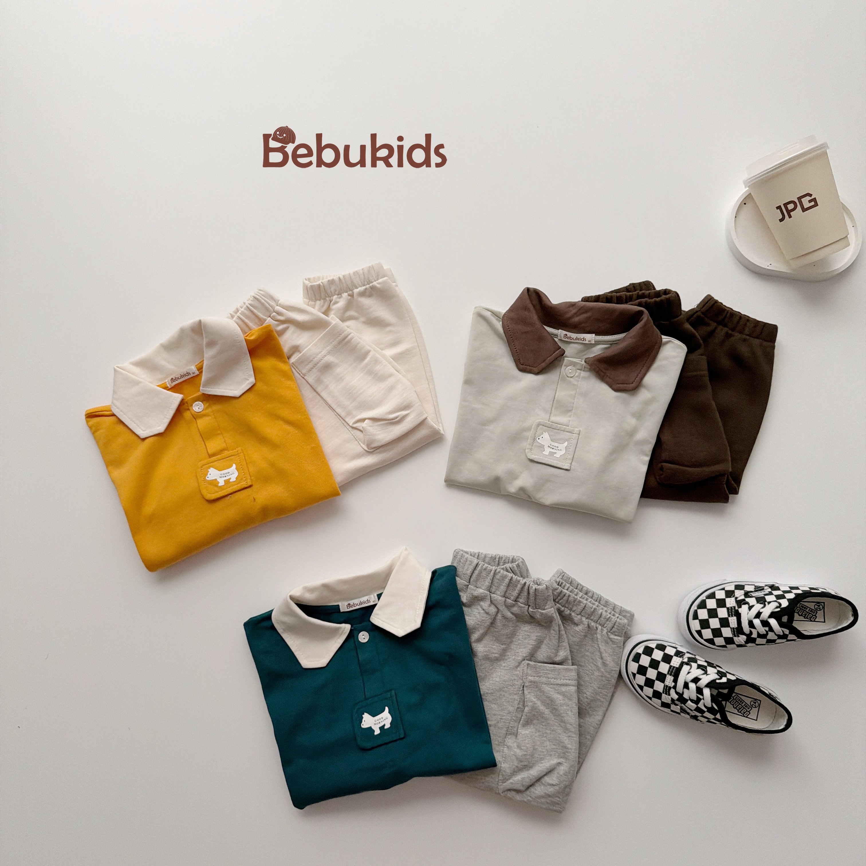 SB2374- bộ dài tay phối cổ dưới nẹp in chó, quần túi bo gấu