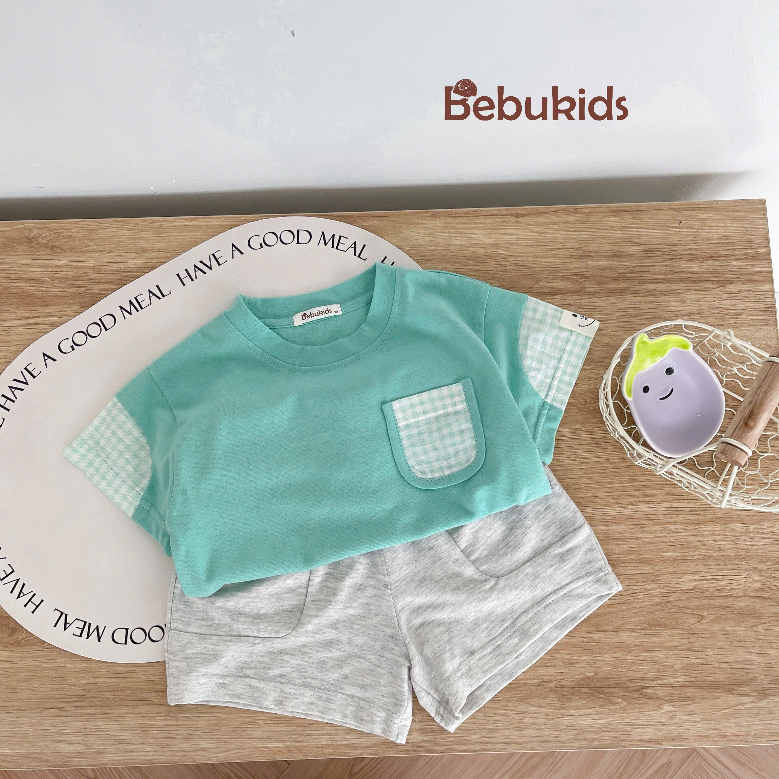 SB2279- bộ cộc tay phối tay, túi kẻ áo xanh