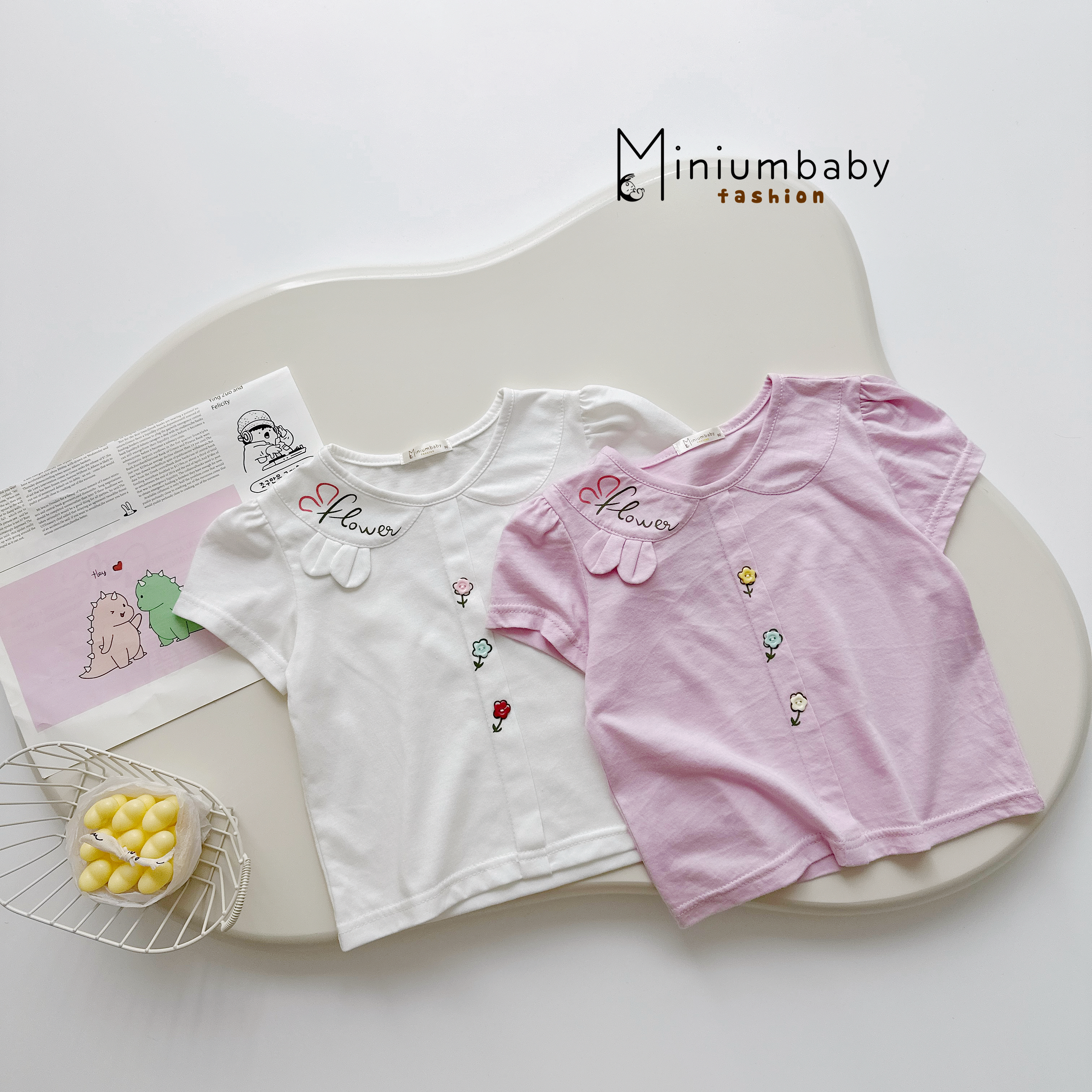 SB2451- bộ cộc tay cổ sen bé gái in chữ flower đính tai thỏ