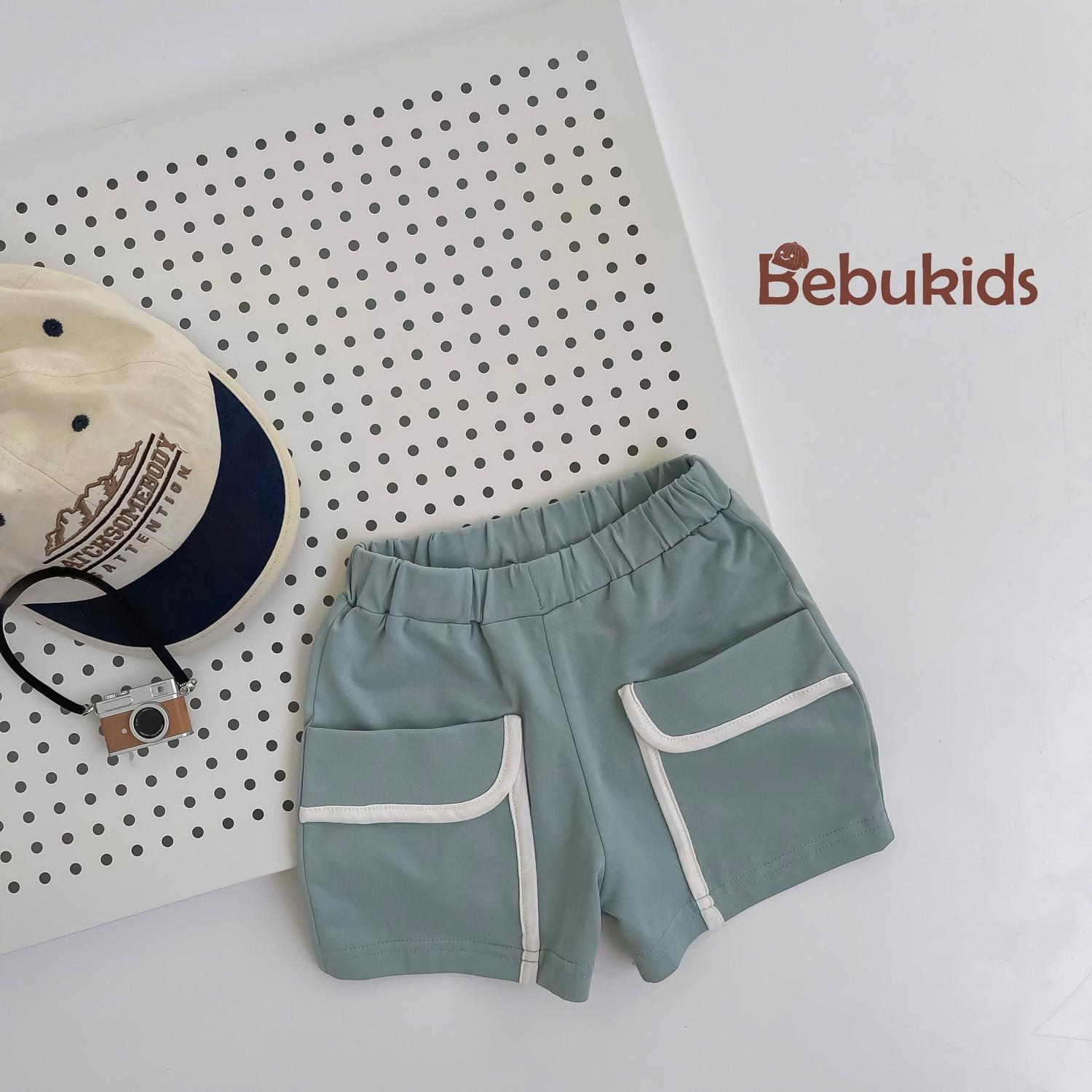 QC2301- quần đùi viền túi bé trai xanh lơ