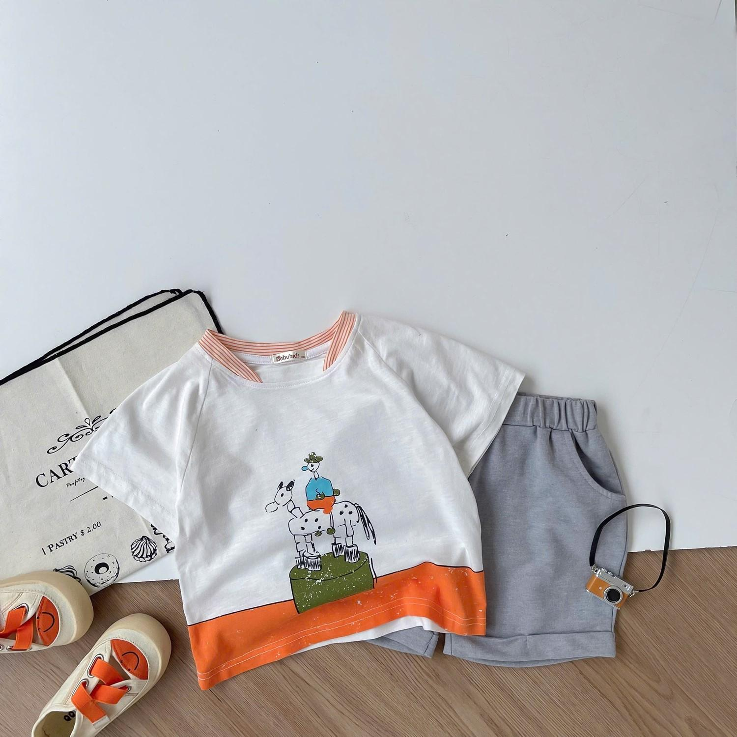 SB2274- bộ cọc tay cổ tròn in hình chú bé cưỡi ngựa cam1