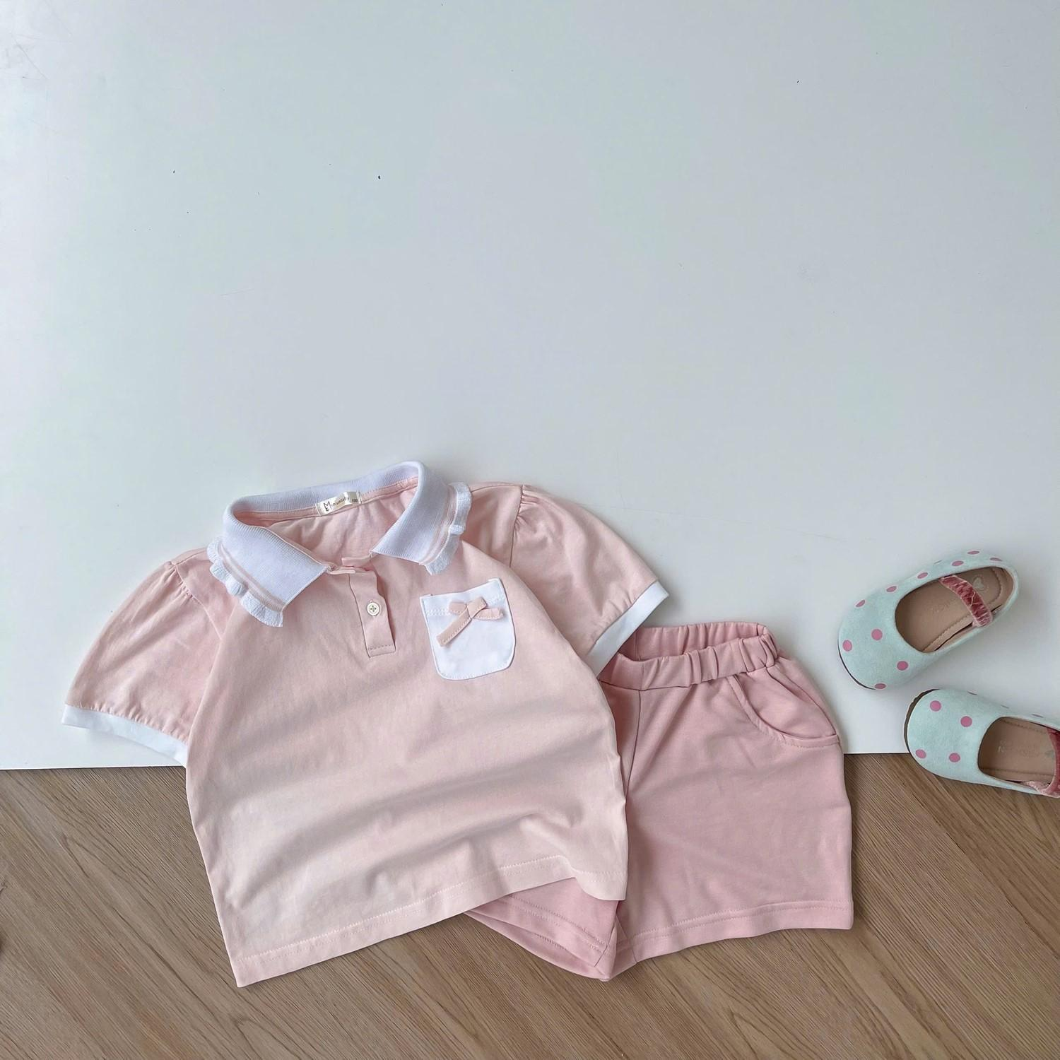 SB2304-bộ cộc cổ bèo túi ngực đính nơ hồng1