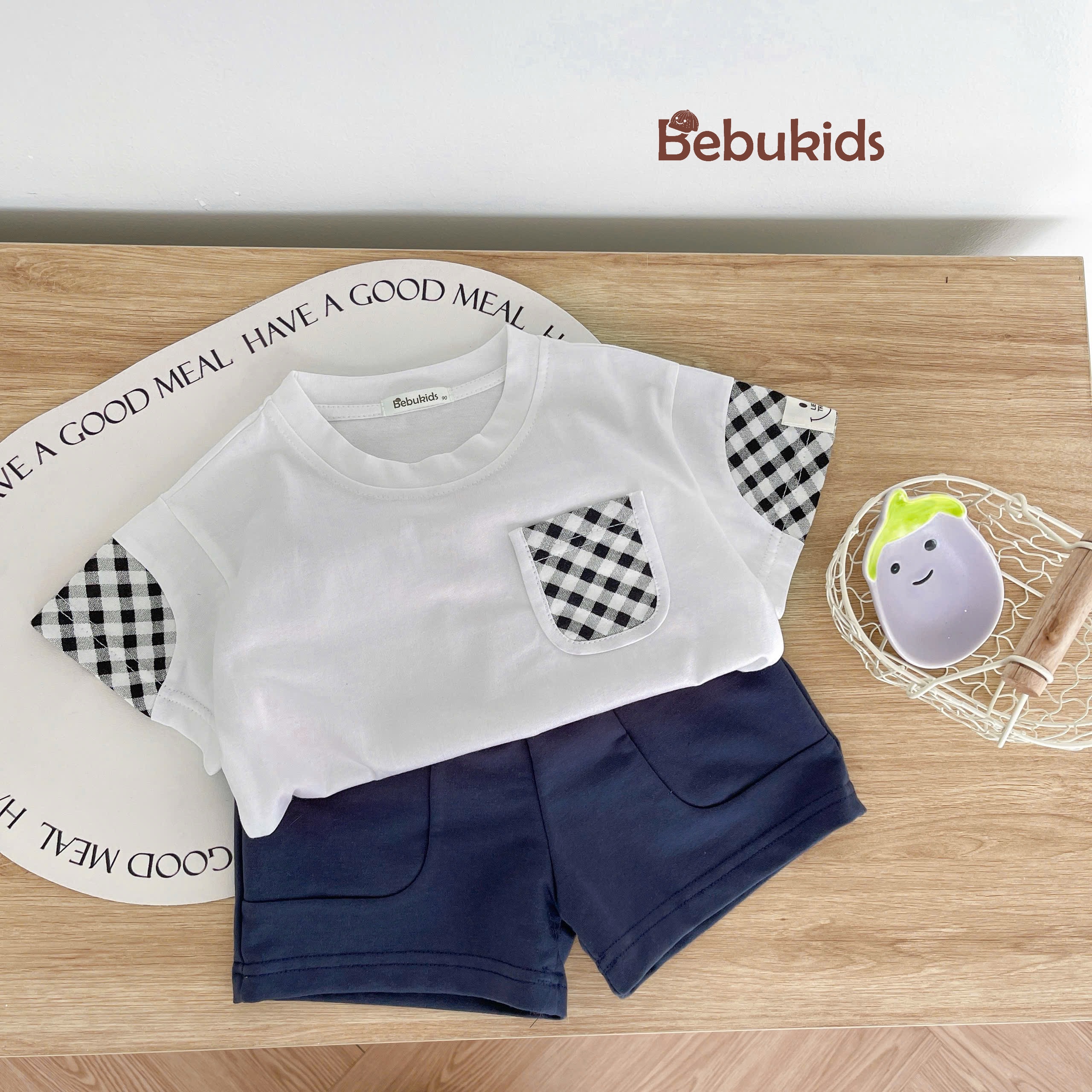 SB2279- bộ cộc tay phối tay, túi kẻ áo trắng