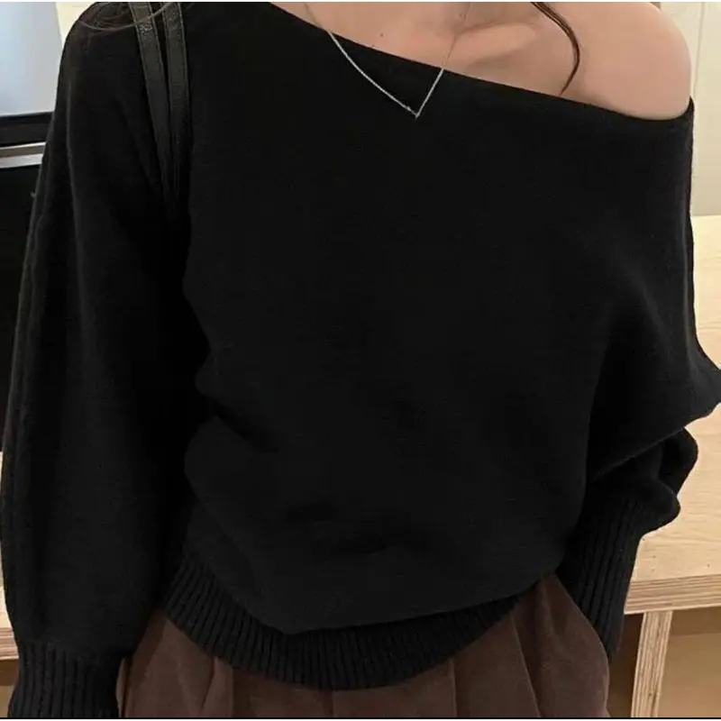 Product image - Black - JNN Korean Style Off-Shoulder Knit Top